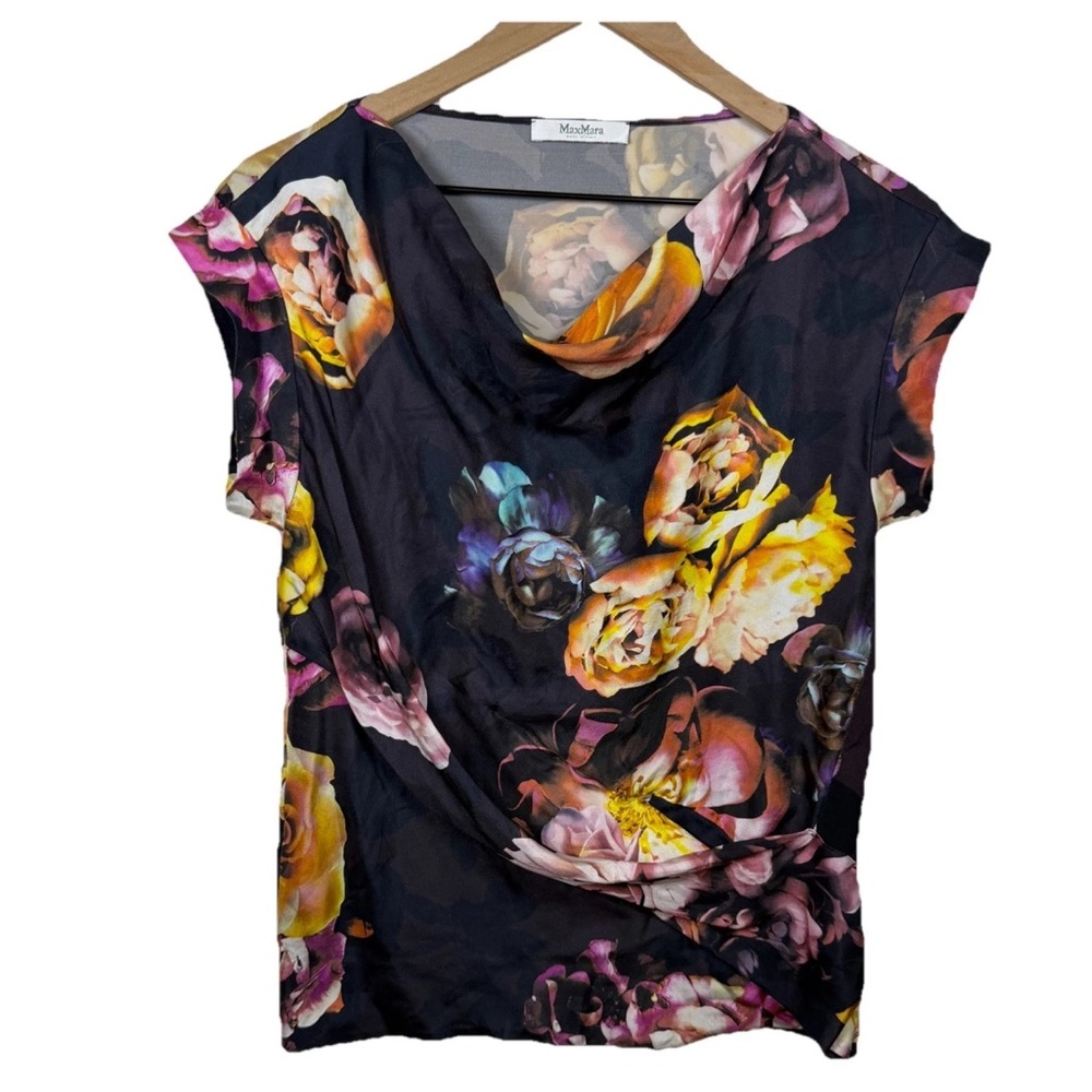 MaxMara Silk Blouse Floral Drape Neck Spring Womens Size M Office Quiet Luxury - Picture 1 of 7
